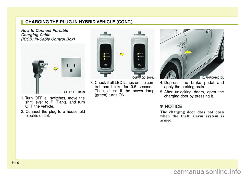 KIA OPTIMA PHEV 2019 User Guide H14
How to Connect PortableCharging Cable (ICCB: In-Cable Control Box) 
1. Turn OFF all switches, move the shift lever to P (Park), and turn
OFF the vehicle.
2. Connect the plug to a household electri