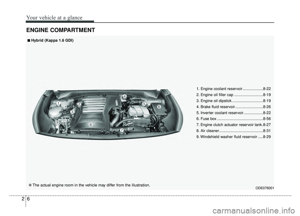 KIA NIRO HYBRID EV 2019  Owners Manual Your vehicle at a glance
62
ENGINE COMPARTMENT
ODE076001
■ ■Hybrid (Kappa 1.6 GDI)
❈ The actual engine room in the vehicle may differ from the illustration. 1. Engine coolant reservoir .........