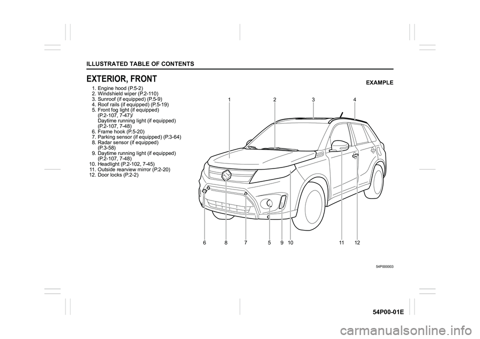 SUZUKI GRAND VITARA 2020  Owners Manual ILLUSTRATED TABLE OF CONTENTS
54P00-01E
EXTERIOR, FRONT
1. Engine hood (P.5-2)
2. Windshield wiper (P.2-110)
3. Sunroof (if equipped) (P.5-9)
4. Roof rails (if equipped) (P.5-19)
5. Front fog light (i
