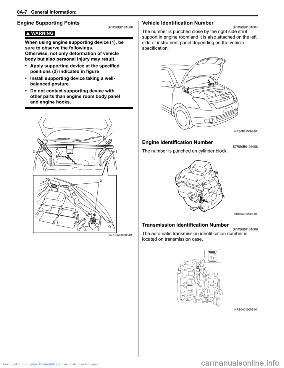 SUZUKI SWIFT 2005 2.G Service Owners Manual Downloaded from www.Manualslib.com manuals search engine 0A-7 General Information: 
Engine Supporting PointsS7RS0B0101006
WARNING! 
When using engine supporting device (1), be 
sure to observe the fol