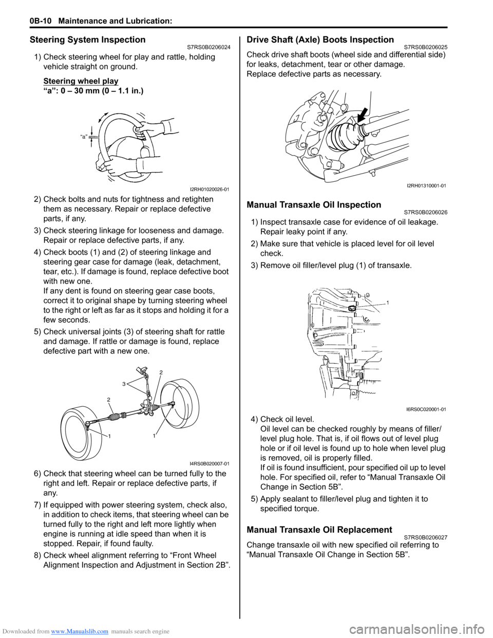 SUZUKI SWIFT 2005 2.G Service Owners Guide Downloaded from www.Manualslib.com manuals search engine 0B-10 Maintenance and Lubrication: 
Steering System InspectionS7RS0B0206024
1) Check steering wheel for play and rattle, holding vehicle straig