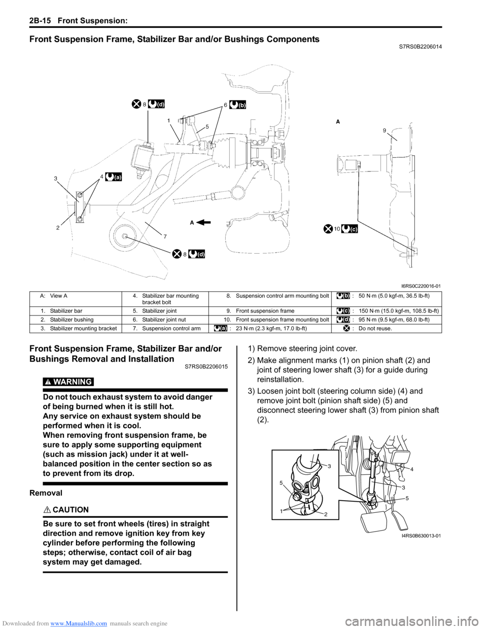 SUZUKI SWIFT 2008 2.G Service User Guide Downloaded from www.Manualslib.com manuals search engine 2B-15 Front Suspension: 
Front Suspension Frame, Stabilizer Bar and/or Bushings ComponentsS7RS0B2206014
Front Suspension Frame, Stabilizer Bar 