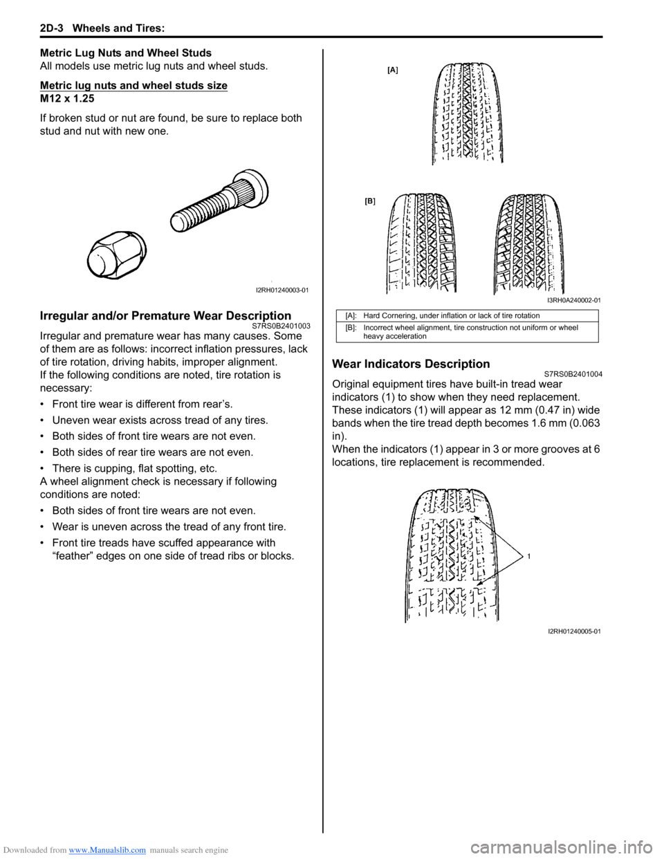 SUZUKI SWIFT 2008 2.G Service User Guide Downloaded from www.Manualslib.com manuals search engine 2D-3 Wheels and Tires: 
Metric Lug Nuts and Wheel Studs
All models use metric lug nuts and wheel studs.
Metric lug nuts and wheel studs size
M1