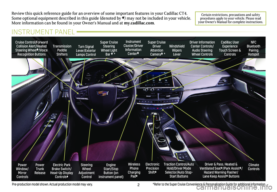 CADILLAC CT4 2021  Convenience & Personalization Guide 2
Review this quick reference guide for an overview of some important feat\
ures in your Cadillac CT4. Some optional equipment described in this guide (denoted by ♦) may not be included in your vehi