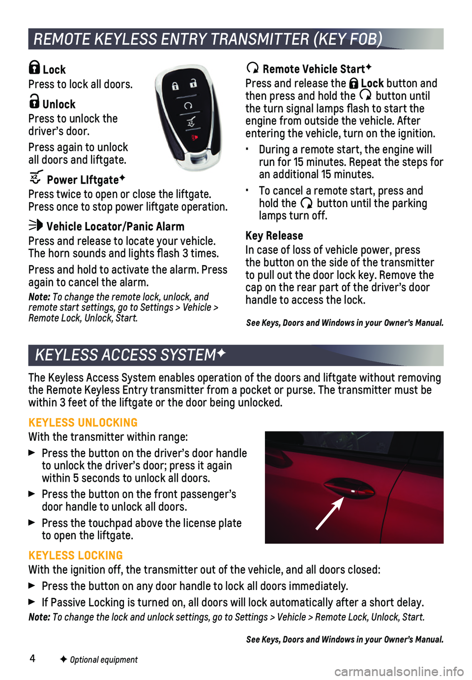 CHEVROLET TRAILBLAZER 2021  Get To Know Guide 4
KEYLESS ACCESS SYSTEMF
The Keyless Access System enables operation of the doors and liftgate wi\
thout removing the Remote Keyless Entry transmitter from a pocket or purse. The transmi\
tter must be