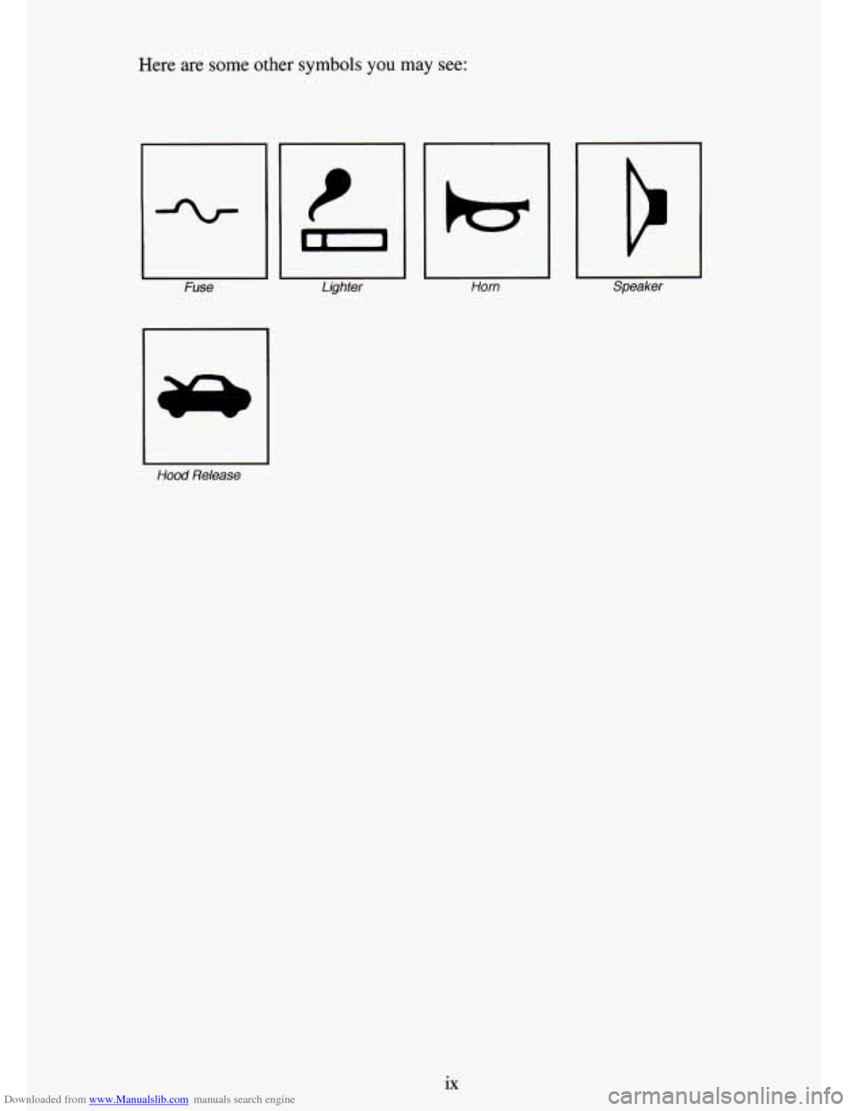 CHEVROLET TAHOE 1995 1.G Owners Manual Downloaded from www.Manualslib.com manuals search engine Here  are some other symbols you  may see: 
H Fuse 
El Hood Release  Lighter 
Horn Er Speaker 
ix   
