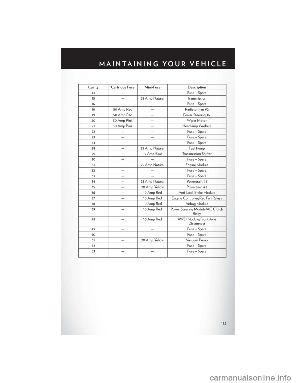 CHRYSLER 300 SRT 2014 2.G User Guide Cavity Cartridge Fuse Mini-FuseDescription
14 — — Fuse – Spare
15 — 25 Amp Natural Transmission
16 — — Fuse – Spare
18 50 Amp Red — Radiator Fan #2
19 50 Amp Red — Power Steering #2
