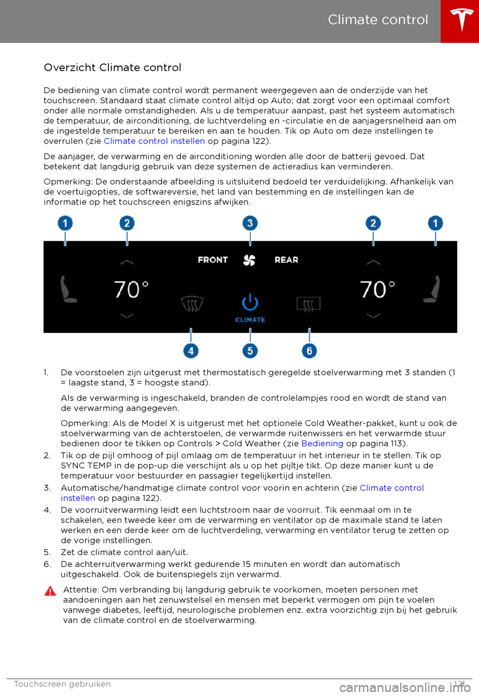 TESLA MODEL X 2017  Handleiding (in Dutch) Overzicht Climate controlDe bediening van climate control wordt permanent weergegeven aan de onderzijde van het
touchscreen. Standaard staat climate control altijd op Auto; dat zorgt voor een optimaal