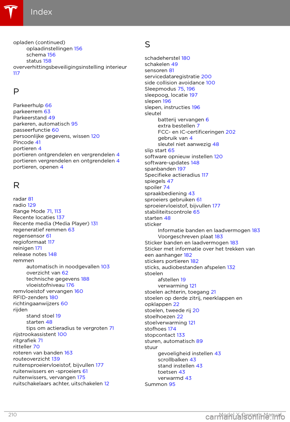 TESLA MODEL X 2017  Handleiding (in Dutch) opladen (continued)oplaadinstellingen 156
schema  156
status  158
oververhittingsbeveiligingsinstelling interieur
117
P
Parkeerhulp  66
parkeerrem  63
Parkeerstand  49
parkeren, automatisch  95
passee