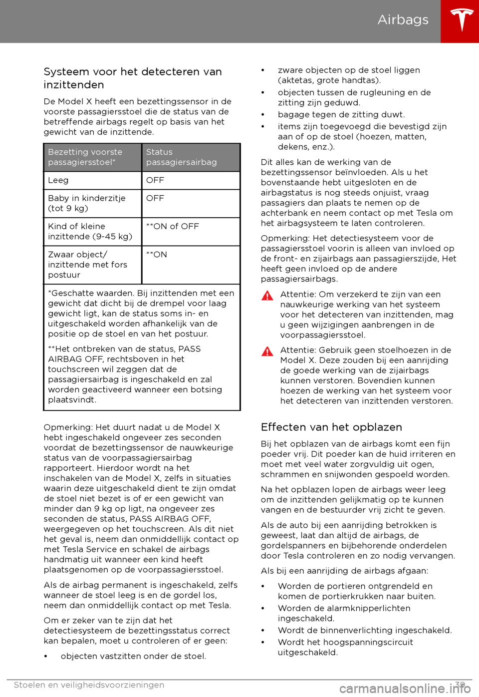 TESLA MODEL X 2017  Handleiding (in Dutch) Systeem voor het detecteren van
inzittenden
De Model X heeft een bezettingssensor in de
voorste passagiersstoel die de status van de
betre