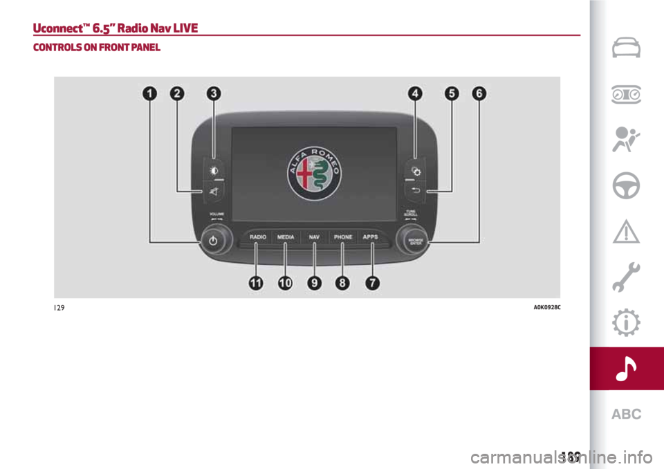 Alfa Romeo Giulietta 2018  Owners Manual Uconnect™ 6.5” Radio Nav LIVE
CONTROLS ON FRONT PANEL
129A0K0928C
189 