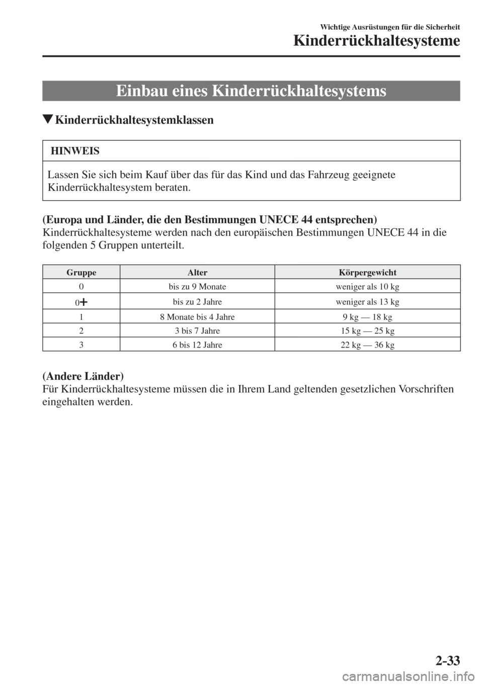 MAZDA MODEL 6 2016  Betriebsanleitung (in German) 2–33
Wichtige Ausrüstungen für die Sicherheit
Kinderrückhaltesysteme
 Einbau eines Kinderrückhaltesystems
                   Kinderrückhaltesystemklassen
 HINWEIS
 Lassen Sie sich beim Kauf üb