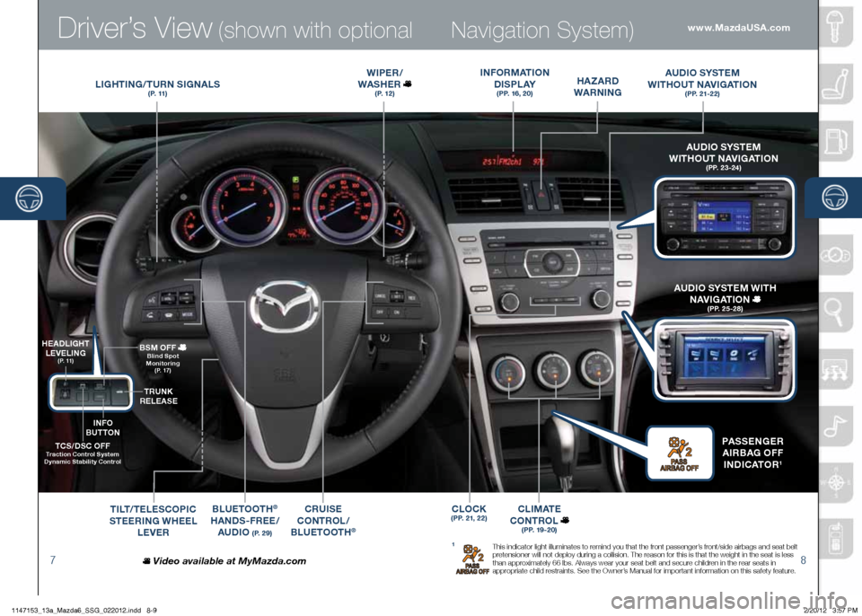 MAZDA MODEL 6 2013  Smart Start Guide (in English) Driver’s View (shown with optional
78
 Navigation System)
LIGHTING /TURN  SIGNALS( P.  11 )
WIPER / 
WASHER  
( P.  1 2 )
BLUETOOTH® 
HANDS-FREE/ AUDIO 
( P.  2 9 )
CRUISE  
CONTROL /
B LUETOOTH
®