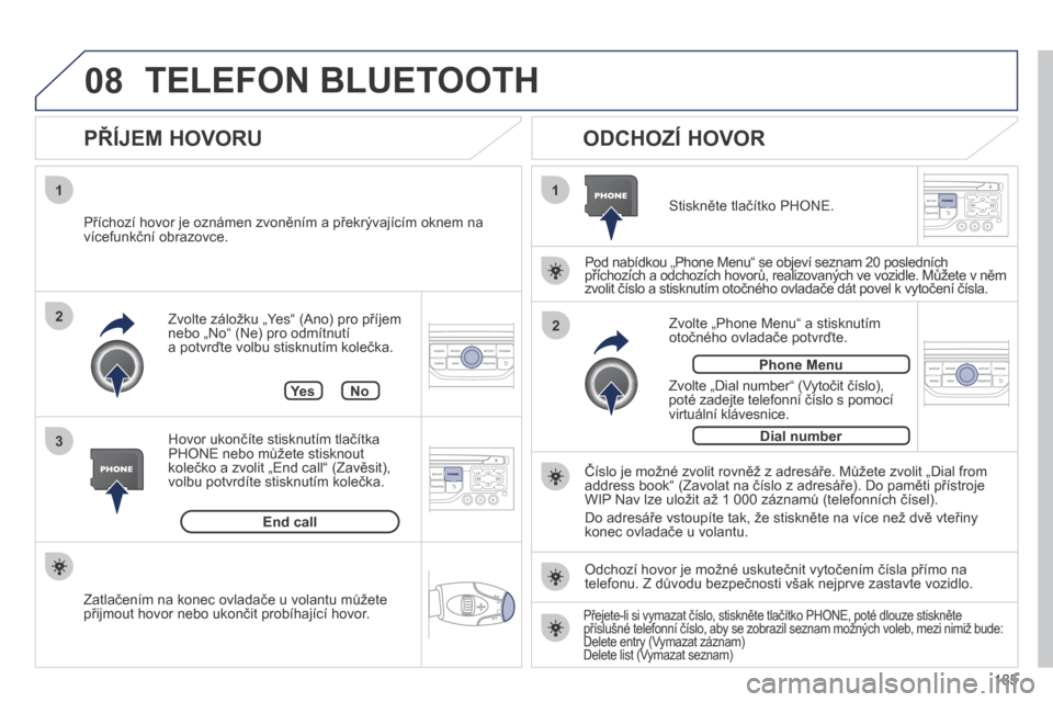 Peugeot 207 CC 2014  Návod k obsluze (in Czech) 185
08
1
3 2
2
1
207cc_cs_Chap11b_RNEG_ed01-2014
  Zvolte záložku „Yes“ (Ano) pro příjem nebo „No“ (Ne) pro odmítnutí a potvrďte volbu stisknutím kolečka. 
  PŘÍJEM HOVORU 
  ODCHOZ
