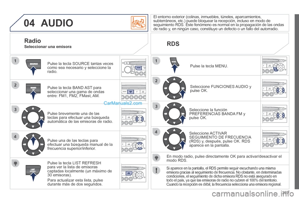 Peugeot 308 CC 2014  Manual del propietario (in Spanish) 04
237
 AUDIO 
 Pulse la tecla SOURCE tantas veces como sea necesario y seleccione la radio.  
  Pulse la tecla BAND AST para seleccionar una gama de ondas entre: FM1, FM2, FMast, AM.  
  Pulse brevem