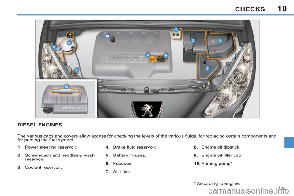 Peugeot 308 SW BL 2013  Owners Manual 10
173
CHECKS
DIESEL ENGINES
  The various caps and covers allow access for checking the levels of the various ﬂ uids, for replacing certain components and 
for priming the fuel system. 
   
 
1. 
 