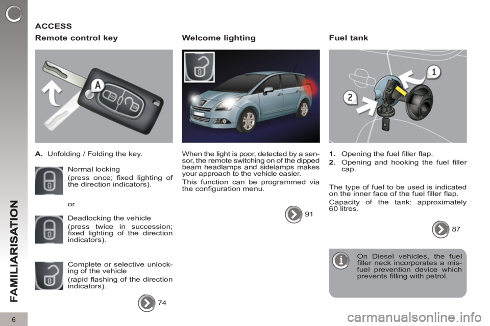 PEUGEOT 5008 2013  Owners Manual FA
M
6
  ACCESS
   
Remote control ke
y
 
 
 
A. 
  Unfolding / Folding the key.  
  Normal locking  
(press once; ﬁ xed lighting of 
the direction indicators). 
  Deadlocking the vehicle  
(press t