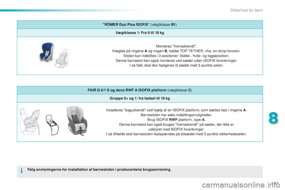 PEUGEOT 2008 2016  Brugsanvisning (in Danish) 167
2008_da_Chap08_securite-enfants_ed01-2016
"RÖMER Duo Plus ISOFIX " (vægtklasse B1 )
Vægtklasse 1: Fra 9   til 18   kg
Monteres "fremadvendt".
Hægtes på ringene A og ringen B ,