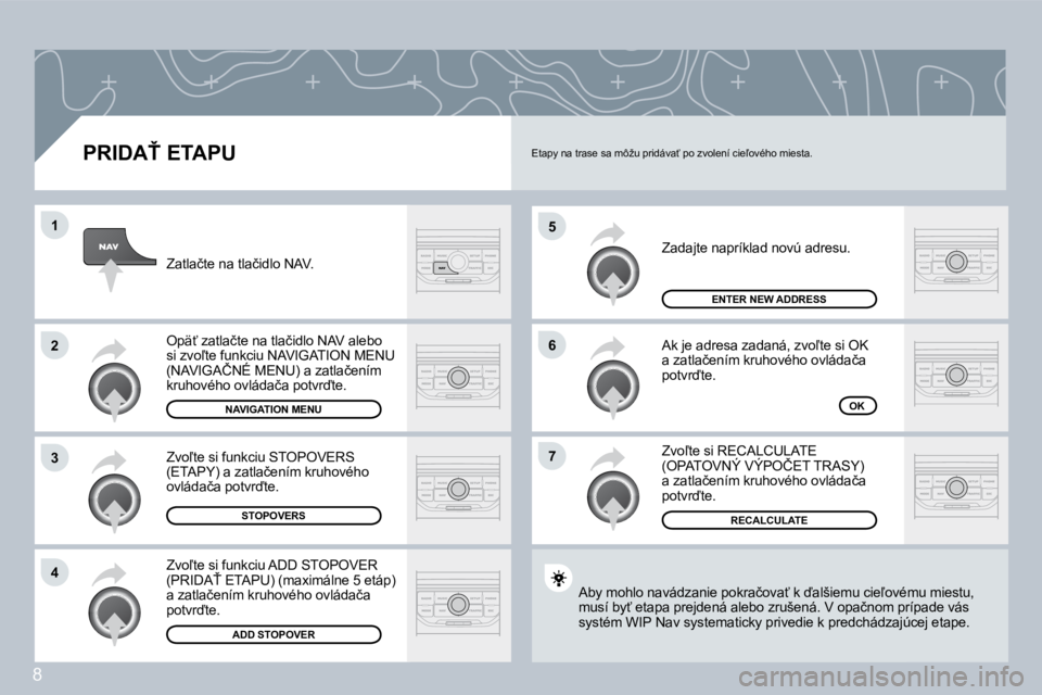 PEUGEOT 207 2008.5  Návod na použitie (in Slovakian) 8
�5
�6
�7
�1
�2
�3
�4
� � �P�R�I�D�A!� �E�T�A�P�U� 
� �Z�a�d�a�j�t�e� �n�a�p�r�í�k�l�a�d� �n�o�v�ú� �a�d�r�e�s�u�.� 
� �A�k� �j�e� �a�d�r�e�s�a� �z�a�d�a�n�á�,� �z�v�o-�t�e� �s�i� �O�K� �a� �z�a