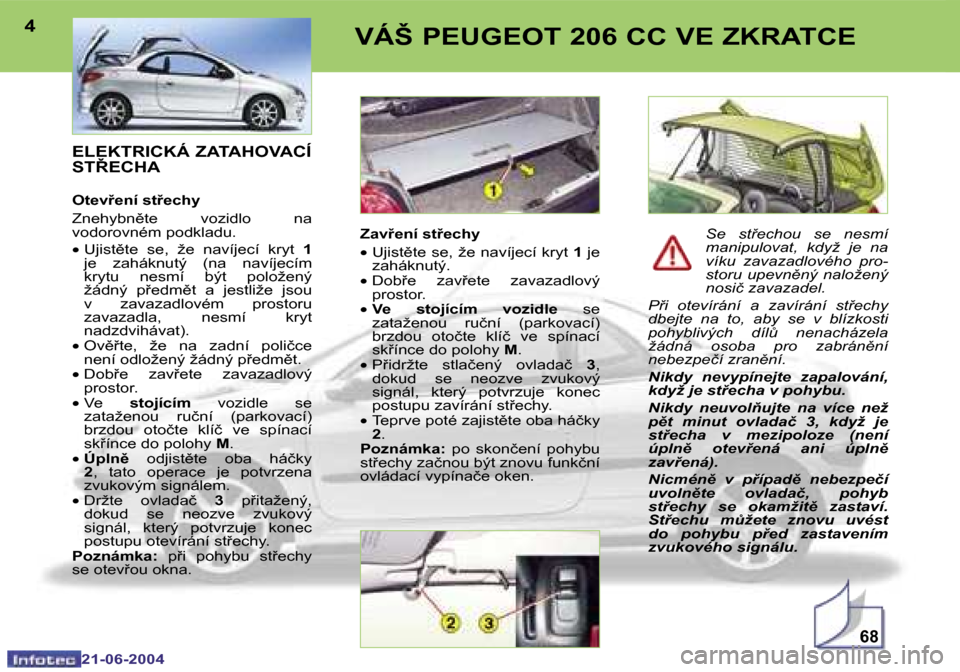 Peugeot 206 CC 2004  Návod k obsluze (in Czech) �6�8
�4
�2�1�-�0�6�-�2�0�0�4
�5
�2�1�-�0�6�-�2�0�0�4
�V�Á�Š� �P�E�U�G�E�O�T� �2�0�6� �C�C� �V�E� �Z�K�R�A�T�C�E
�E�L�E�K�T�R�I�C�K�Á� �Z�A�T�A�H�O�V�A�C�Í�  
�S�T8�E�C�H�A
�O�t�e�v9�e�n�í� �s�t