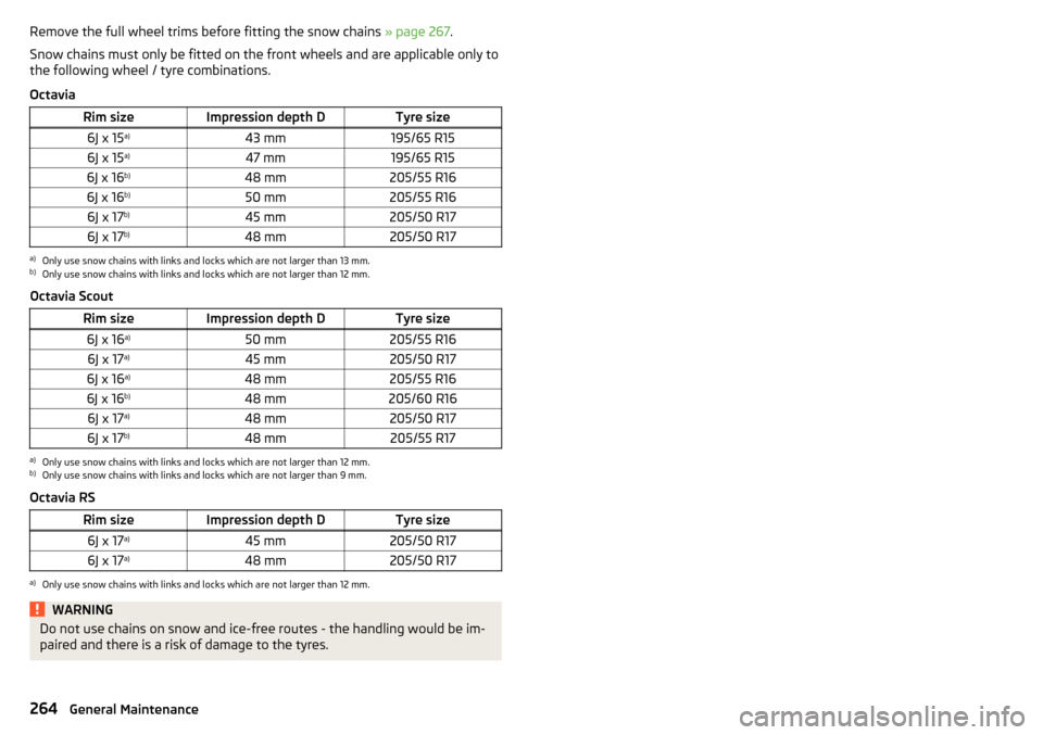 SKODA OCTAVIA 2016 3.G / (5E) Owners Manual Remove the full wheel trims before fitting the snow chains » page 267.
Snow chains must only be fitted on the front wheels and are applicable only to
the following wheel / tyre combinations.
OctaviaR
