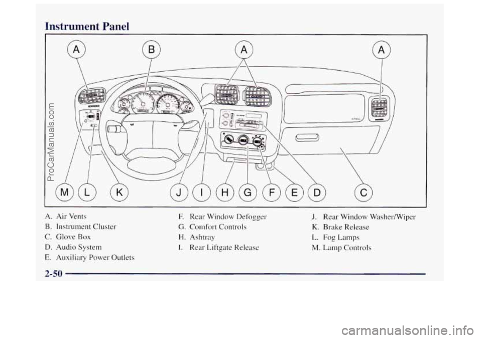 OLDSMOBILE BRAVADA 1998  Owners Manual Instrument  Panel 
A. Air  Vents 
B. Instrument Cluster 
C. Glove Box 
D. Audio System 
E. Auxiliary Power Outlets 
F. Rear Window Defogger 
G. Comfort Controls 
H. Ashtray 
I. Rear Liftgate Release 
