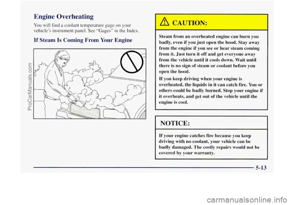 OLDSMOBILE BRAVADA 1998  Owners Manual Engine  Overheating 
You will find a coolant temperature  gage on your 
vehicles instrument panel.  See "Gages" in the Index. 
1 [f Steam Is Coming From Your Engine 
Steam  from  an  overheated  engi