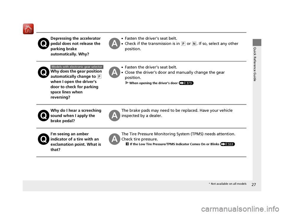 Acura TLX 2020  Owners Manual 27
Quick Reference Guide
Depressing the accelerator 
pedal does not release the 
parking brake 
automatically. Why?●Fasten the driver’s seat belt.
●Check if the transmission is in (P or (N. If s