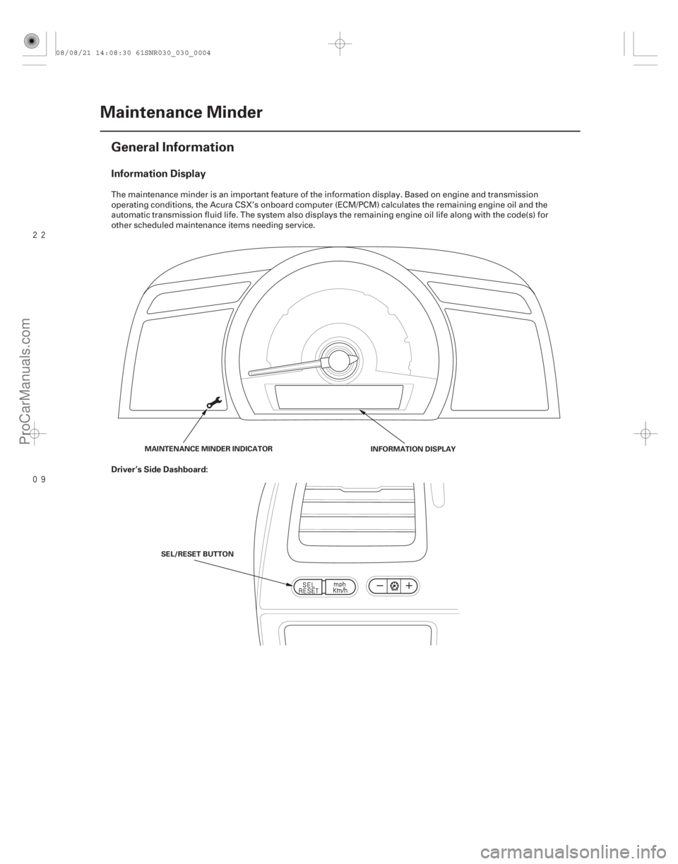 ACURA CSX 2006  Service User Guide 
(#)
Information Display
Driver’s Side Dashboard:
3-4Maintenance Minder
General Information
MAINTENANCE MINDER INDICATOR
INFORMATION DISPLAY
SE