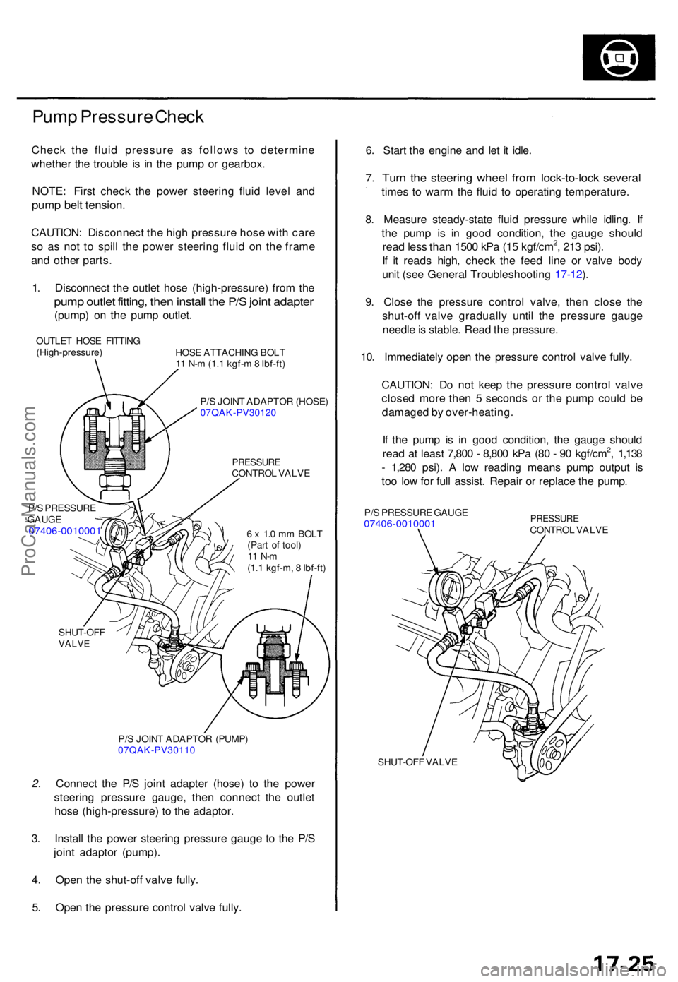 ACURA TL 1995  Service User Guide Pump Pressur e Chec k
Chec k th e flui d pressur e a s follow s t o determin e
whethe r th e troubl e i s i n th e pum p o r gearbox .
NOTE : Firs t chec k th e powe r steerin g flui d leve l an d
pum