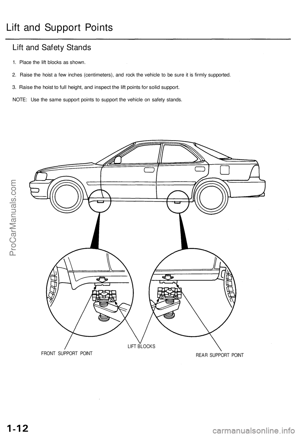 ACURA TL 1995  Service Repair Manual 
Lift and Support Points

FRONT SUPPORT POINT

REAR SUPPORT POINT
LIFT BLOCKS
Lift and Safety Stands

1. Place the lift blocks as shown.

2. Raise the hoist a few inches (centimeters), and rock the ve