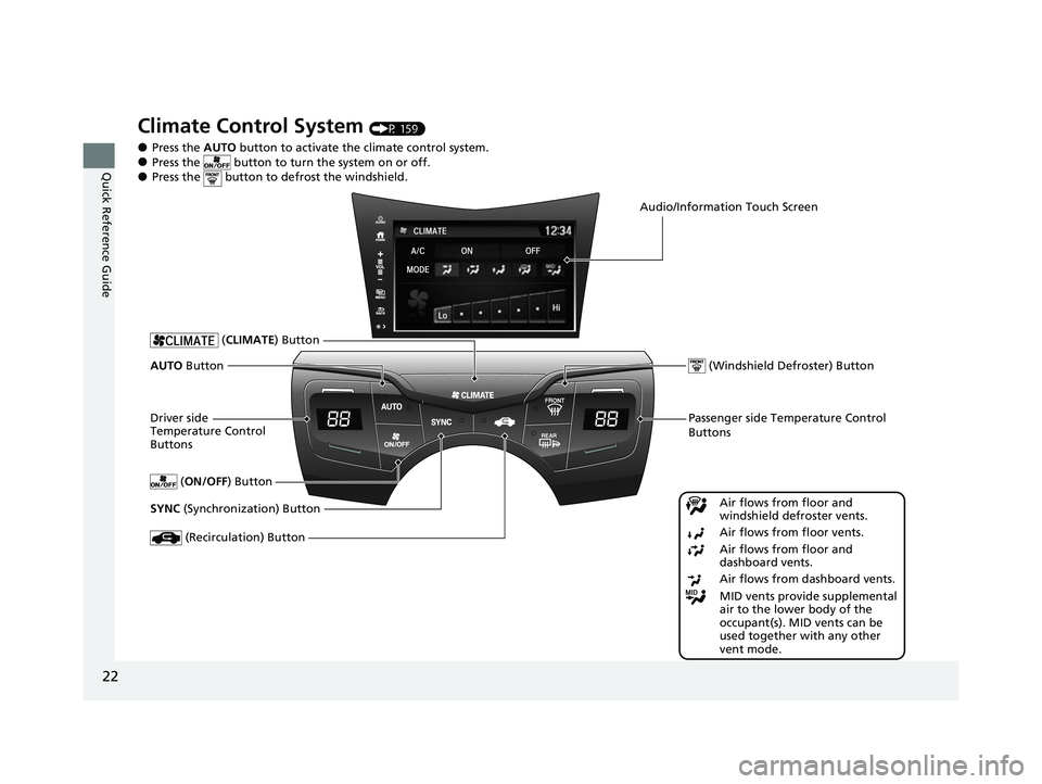 ACURA NSX 2021  Owners Manual 22
Quick Reference Guide
Climate Control System (P 159)
●Press the AUTO button to activate the climate control system.●Press the   button to turn the system on or off.●Press the   button to defr
