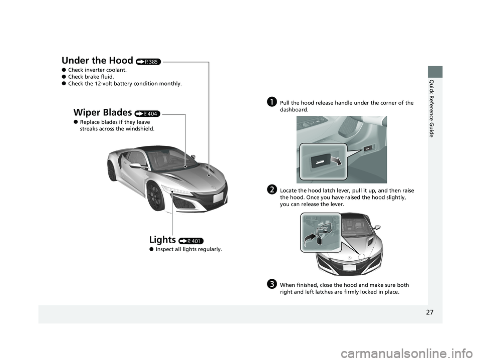 ACURA NSX 2020  Owners Manual 27
Quick Reference Guide
Under the Hood (P385)
● Check inverter coolant.
● Check brake fluid.
● Check the 12-volt battery condition monthly.
Lights (P401)
● Inspect all lights regularly.
Wiper