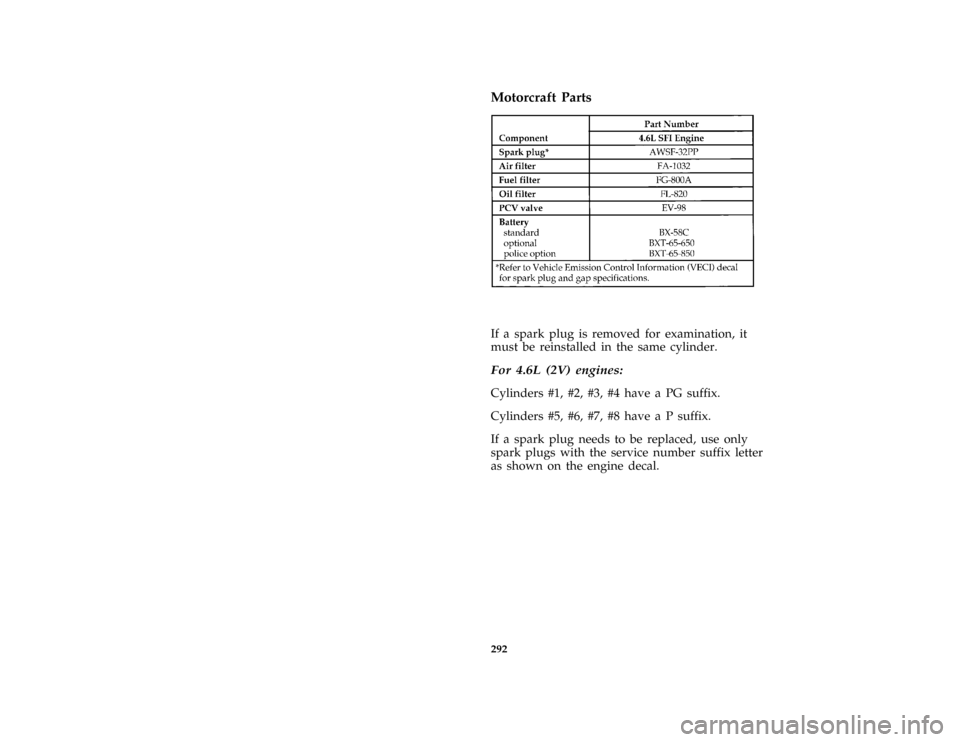 Mercury Grand Marquis 1996  Owners Manuals 292
*
[SV54600( ALL)01/95]
Motorcraft Parts
[SV54900( GV)03/94]
fourteen pica chart:0010453-J[SV55000( ALL)09/94]
If a spark plug is removed for examination, it
must be reinstalled in the same cylinde