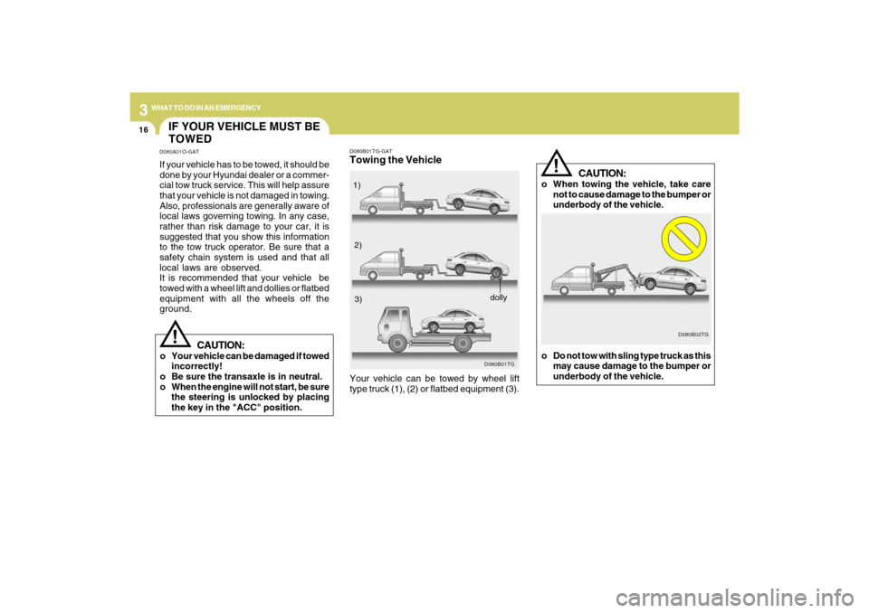 Hyundai Azera 2009 User Guide 316
WHAT TO DO IN AN EMERGENCY
CAUTION:
o When towing the vehicle, take care
not to cause damage to the bumper or
underbody of the vehicle.
D080B02TG
!
o Do not tow with sling type truck as this
may c