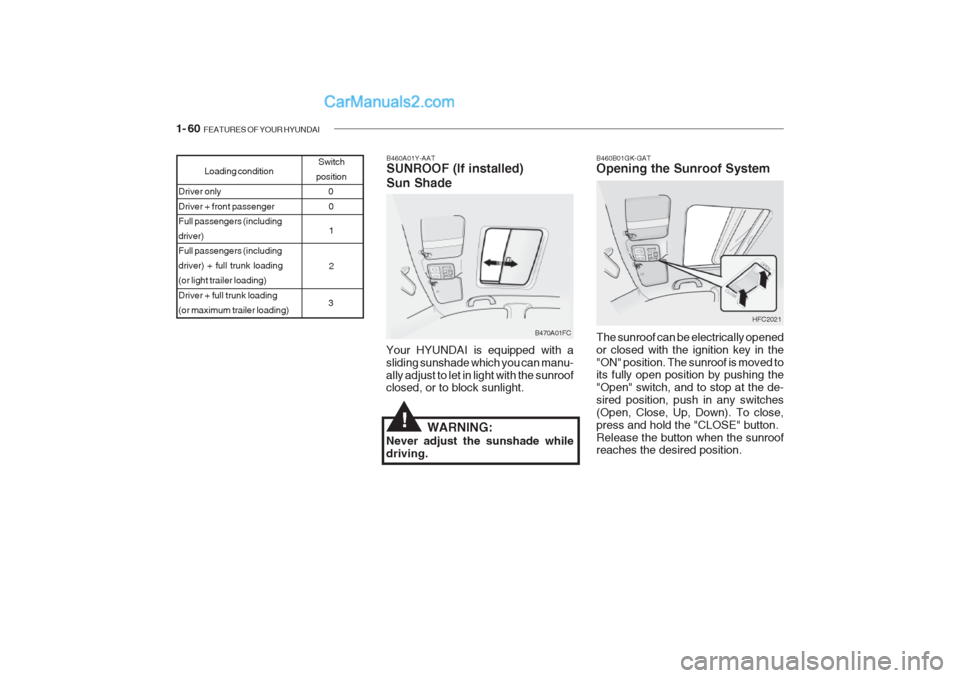 Hyundai Getz 2002 User Guide 1- 60  FEATURES OF YOUR HYUNDAI
B460A01Y-AAT SUNROOF (If installed) Sun Shade
Your HYUNDAI is equipped with a sliding sunshade which you can manu-ally adjust to let in light with the sunroof closed, o