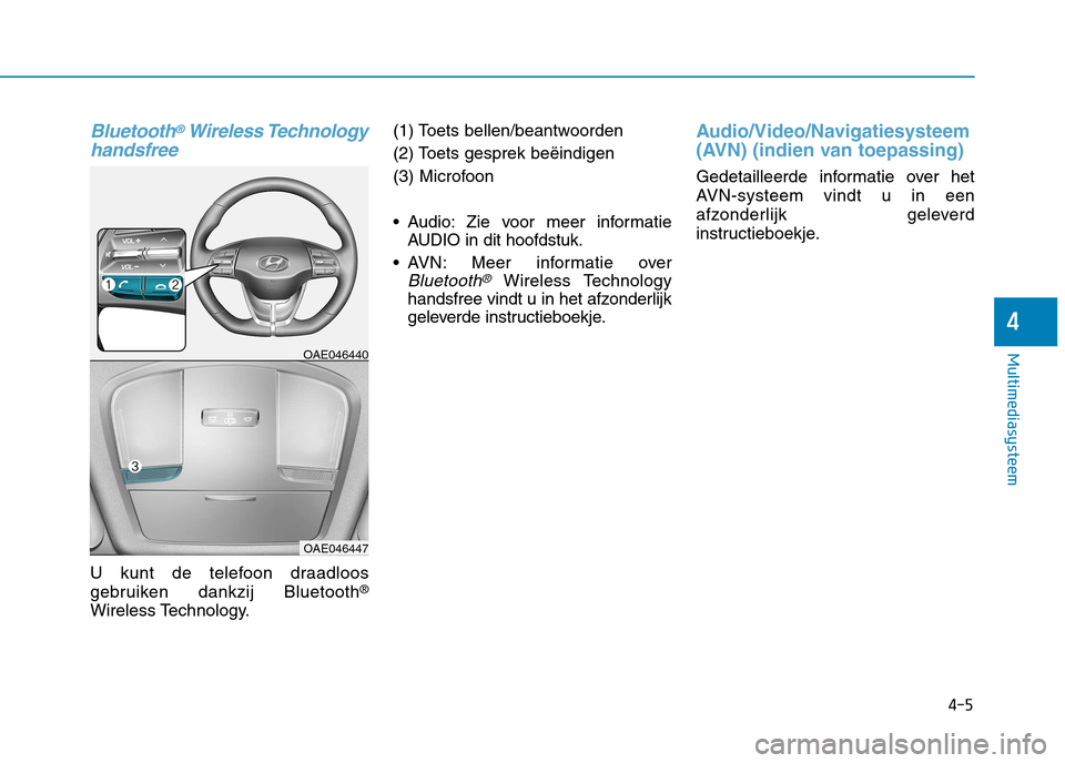 Hyundai Ioniq Electric 2017  Handleiding (in Dutch) Bluetooth®Wireless Technology
handsfree 
U kunt de telefoon draadloos 
gebruiken dankzij Bluetooth ®
Wireless Technology. (1) Toets bellen/beantwoorden 
(2) Toets gesprek beëindigen
(3) Microfoon 
