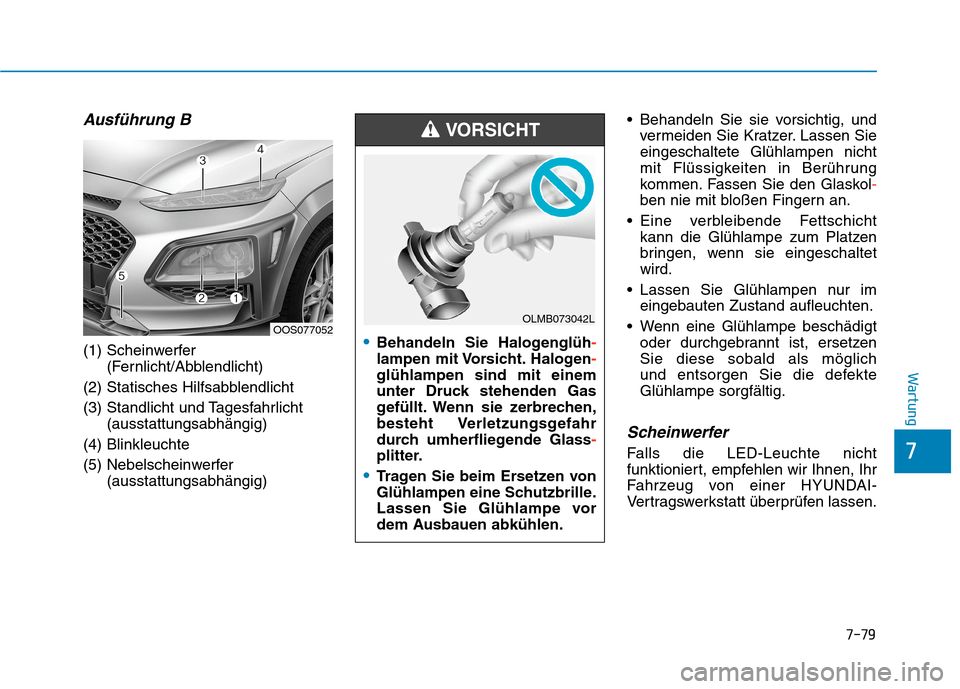 Hyundai Kona 2020 Betriebsanleitung (in German) (640 Pages), Page 590: 7-73  7 Wartung Sicherungsbezei chnungSymbolSi ...