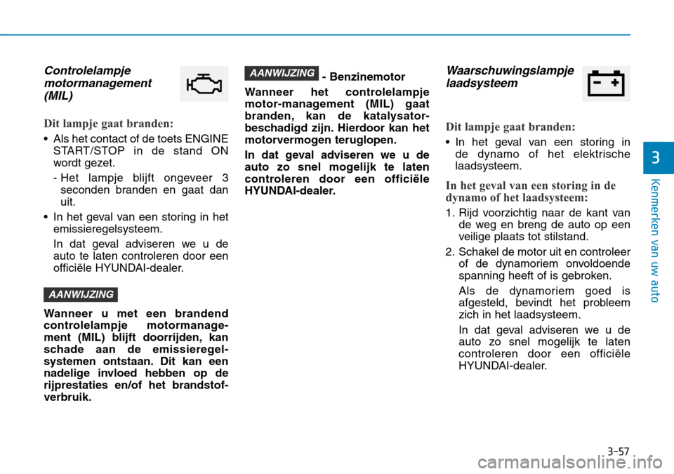 Hyundai Kona 2018 Handleiding (in Dutch) (540 Pages), Page 150: 3-57  Kenmerken van uw auto 3 Controlelampjemo ...
