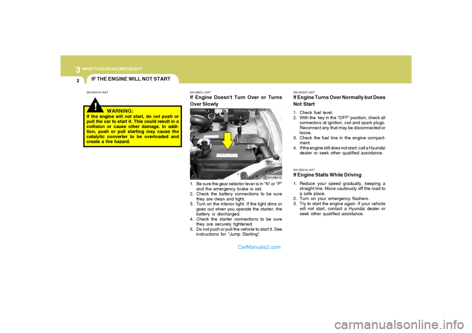 Hyundai Santa Fe 2005 Owners Guide 32WHAT TO DO IN AN EMERGENCY
D010B01O
IF THE ENGINE WILL NOT START!
D010A01A-AAT D010B01L-AAT
If Engine Doesnt Turn Over or Turns
Over Slowly
D010C02Y-AATIf Engine Turns Over Normally but Does
Not St