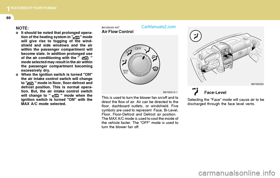 Hyundai Santa Fe 2004  Owners Manual 1FEATURES OF YOUR HYUNDAI
80
B670D03O-AAT
Air Flow Control
This is used to turn the blower fan on/off and to
direct the flow of air. Air can be directed to the
floor, dashboard outlets, or windshield.