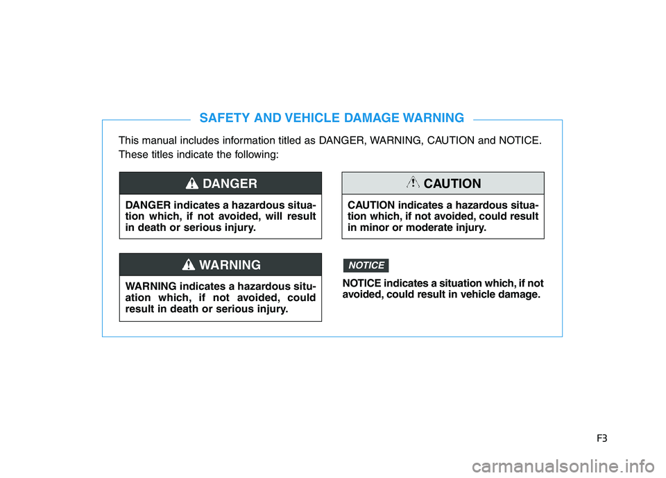 HYUNDAI I30 2021  Owners Manual F3
This manual includes information titled as DANGER, WARNING, CAUTION and NOTICE.
These titles indicate the following:
SAFETY AND VEHICLE DAMAGE WARNING
DANGER indicates a hazardous situa-
tion which