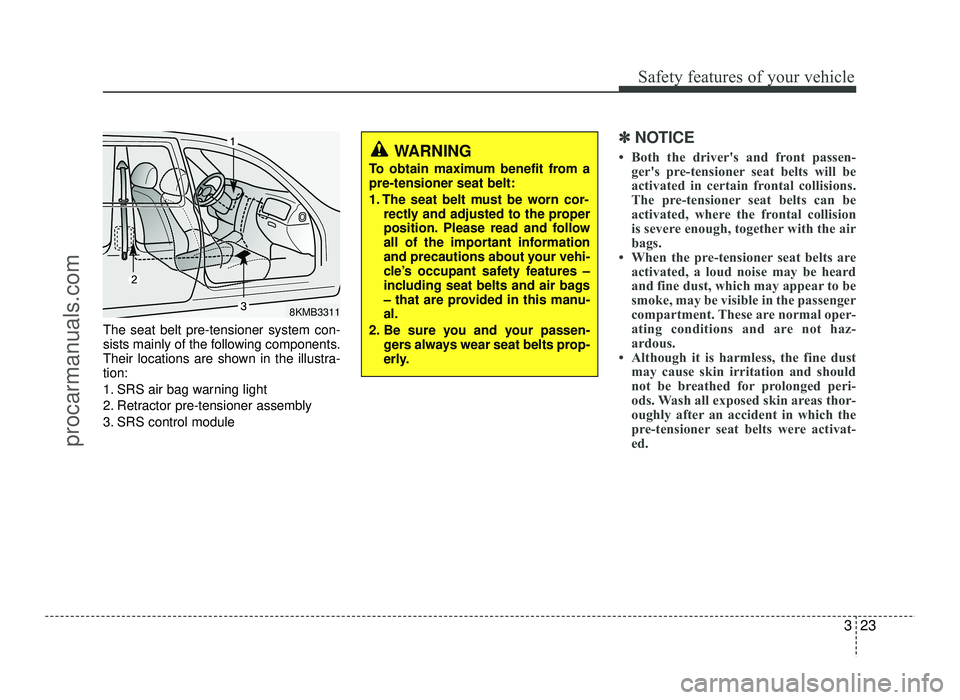 HYUNDAI IX20 2017  Owners Manual 323
Safety features of your vehicle
The seat belt pre-tensioner system con- 
sists mainly of the following components.
Their locations are shown in the illustra-tion: 
1. SRS air bag warning light
2. 
