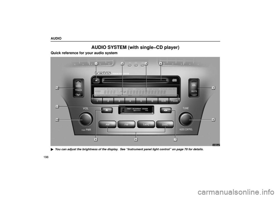 Lexus ES330 2005  Pictorial Index / LEXUS 2005 ES330 OWNERS MANUAL (OM33691U) AUDIO
198
AUDIO SYSTEM (with single�CD player)
Quick reference for your audio system
You can adjust the brightness of the display.  See “Instrument panel light control” on page 70 for details. 