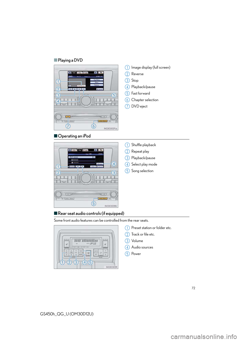 Lexus GS450h 2013  Using the audio system / LEXUS 2013 GS450H QUICK GUIDE  (OM30D12U) Owners Guide 72
GS450h_QG_U (OM30D12U)
■Playing a DVD 
Image display (full screen)
Reverse
Stop
Playback/pause
Fa st  for wa rd
Chapter selection
DVD eject
■Operating an iPod
Shuffle playback
Repeat play
Playb