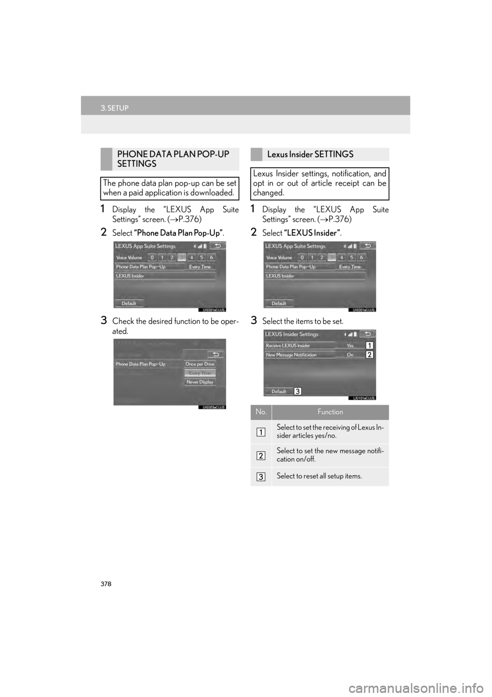 Lexus GX460 2015  Navigation Manual 378
3. SETUP
GX460_Navi_OM60L77U_(U)14.06.02     10:48
1Display the “LEXUS App Suite
Settings” screen. (→P.376)
2Select  “Phone Data Plan Pop-Up” .
3Check the desired function to be oper-
at
