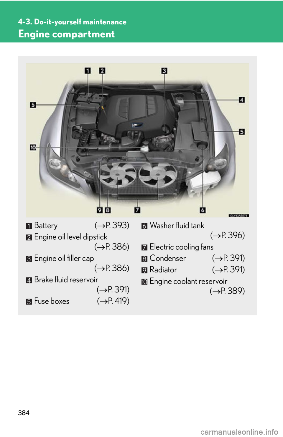 Lexus IS F 2011  Instrument Cluster / LEXUS 2011 IS F OWNERS MANUAL (OM53893U) 384
4-3. Do-it-yourself maintenance
Engine compartment
Battery (P. 393)
Engine oil level dipstick (P. 386)
Engine oil filler cap (P. 386)
Brake fluid reservoir (P. 391)
Fuse boxes ( P. 