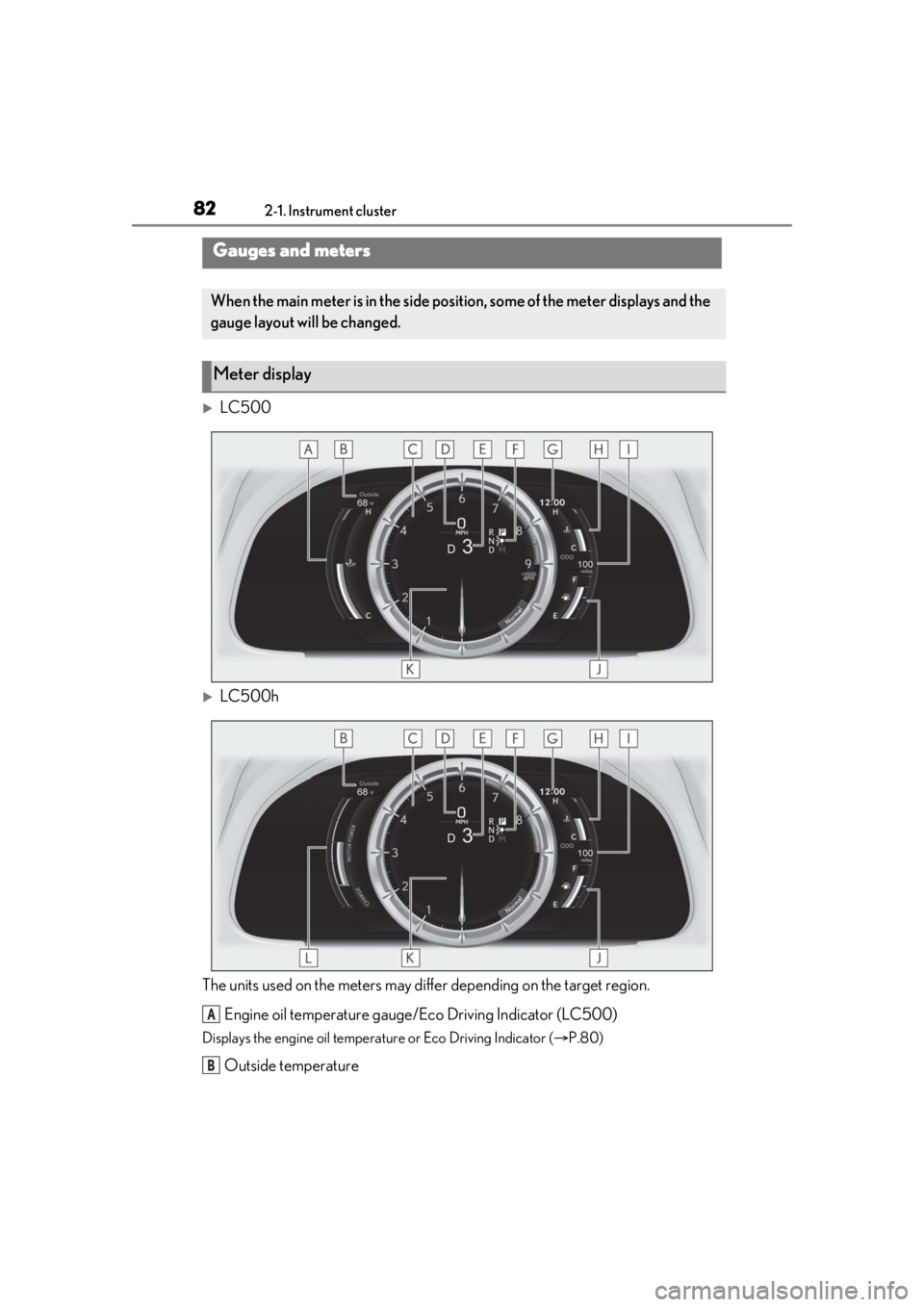 Lexus LC500 2021  Owners Manual / LEXUS 2021 LC500,LC500H OWNERS MANUAL (OM11559U) 822-1. Instrument cluster
LC500
LC500h
The units used on the meters may diff er depending on the target region.
Engine oil temperature gauge/Eco Driving Indicator (LC500)
Displays the engine oil