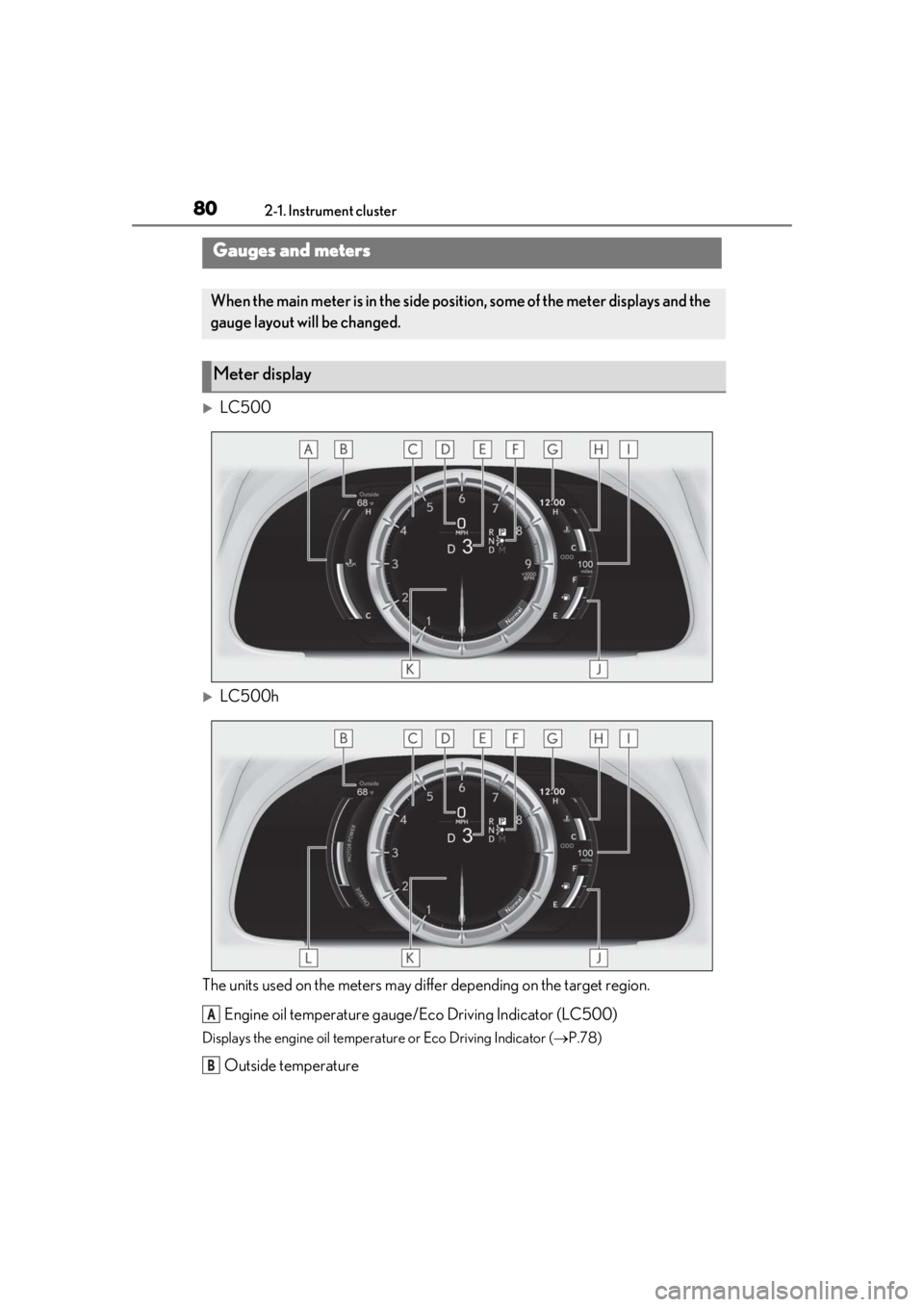 lexus LC500 2019  Owners Manual / LEXUS 2019 LC 500,LC 500H OWNERS MANUAL (OM11471U) 802-1. Instrument cluster
LC500
LC500h
The units used on the meters may diff er depending on the target region.
Engine oil temperature gauge/Eco Driving Indicator (LC500)
Displays the engine oil