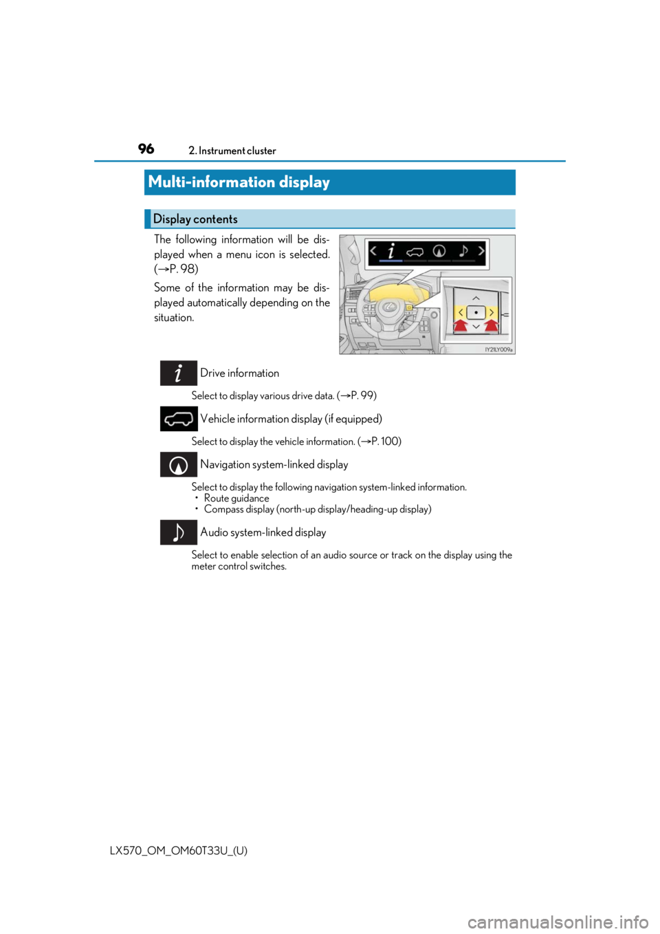 LEXUS LX570 2021  Owners Manual 96
LX570_OM_OM60T33U_(U)2. Instrument cluster
Multi-information display
The following information will be dis-
played when a menu icon is selected.
(
P. 98)
Some of the information may be dis-
play